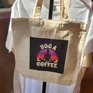 Tan Tote Bag with Yoga and Coffee Design